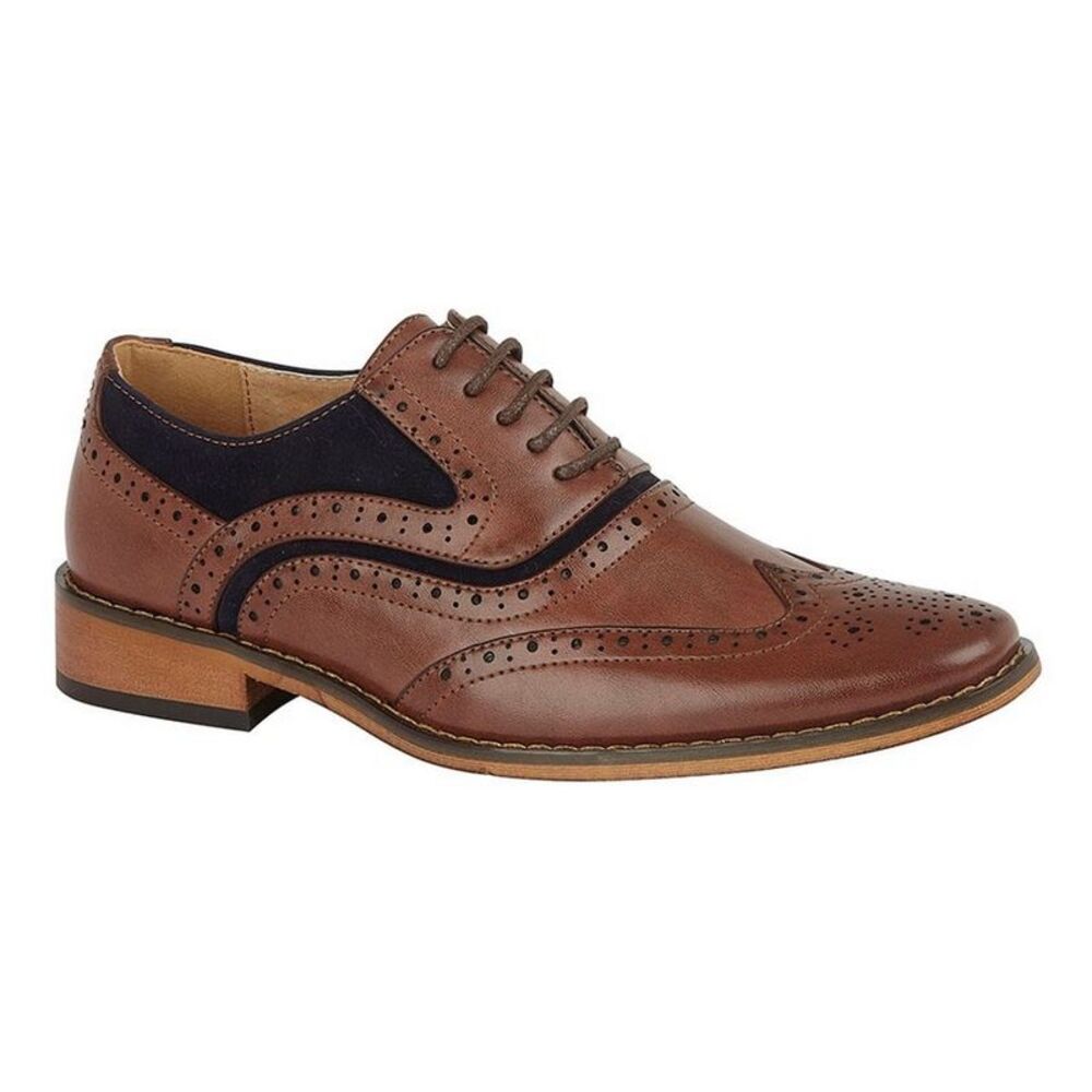 Goor Childrens/Boys Leather 5 Eye Wing Capped Brogue Oxford Shoe / Dark Tan/Navy